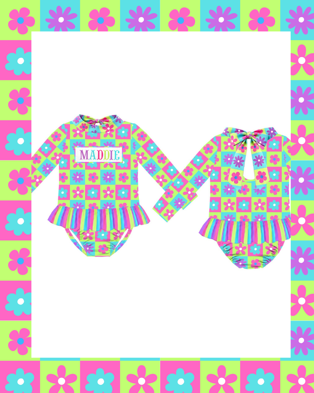 Preorder - Custom Name Checkered Flower One Piece Long Sleeve Swim (Ships from CT to customers early March)