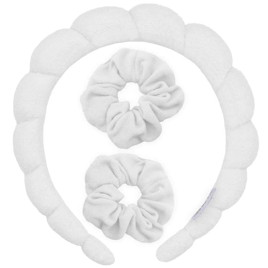 Spa Headband - Skincare Headband & Scrunchie Wristband Set WHITE