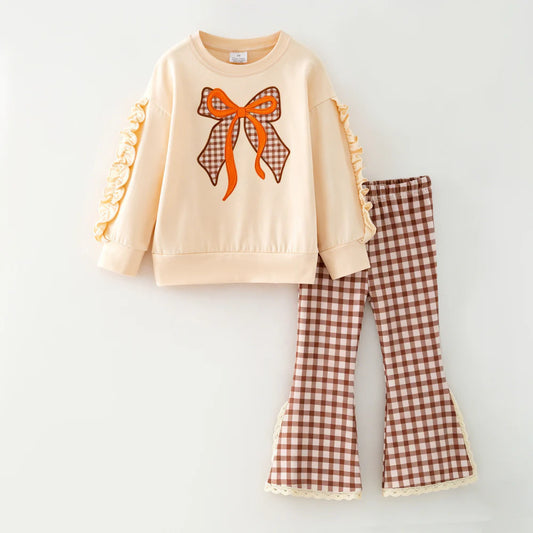 Brown checkered bow pant set