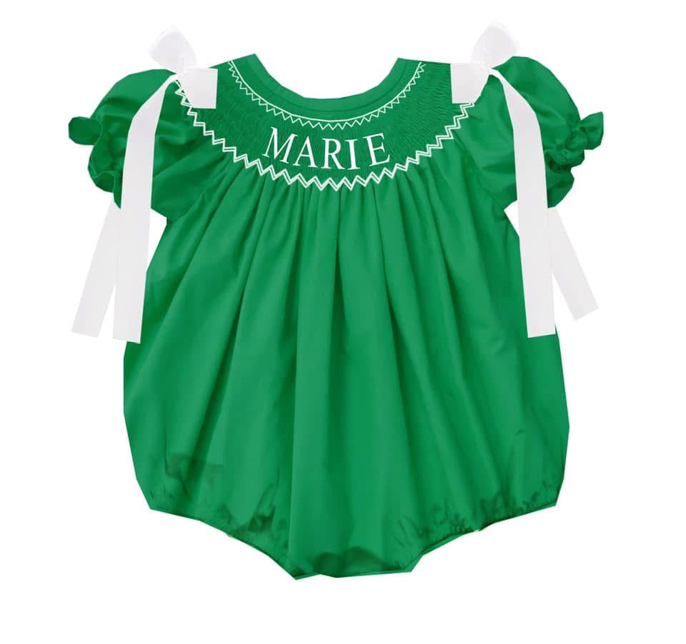 Preorder - Green Hand Smocked Custom Name / Ships early Oct