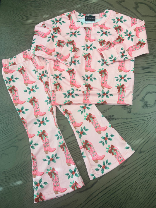Pink Christmas Cowgirl Boot Flare Pant Set