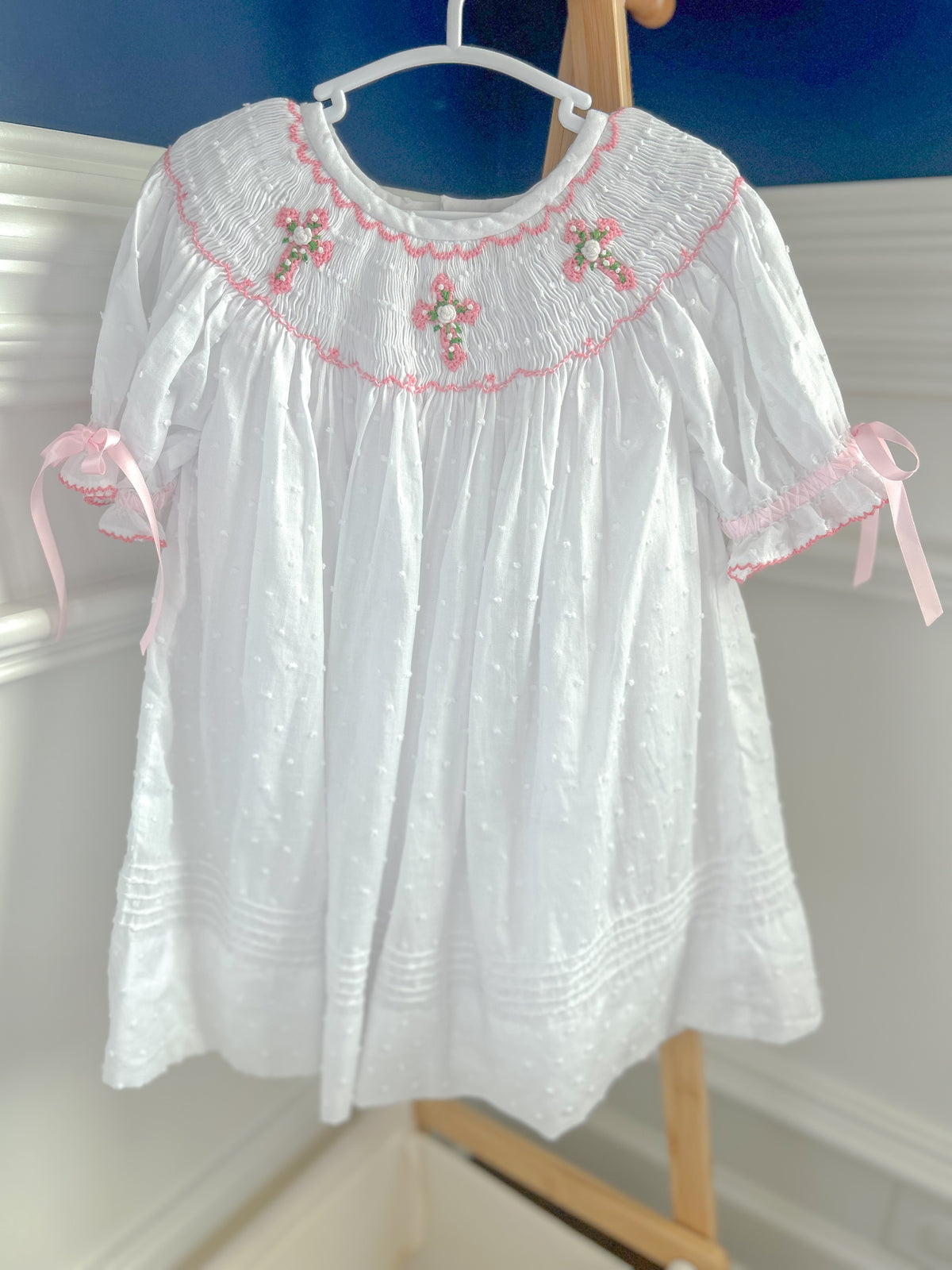 Hand Smocked White Swiss Dot Cross Dress