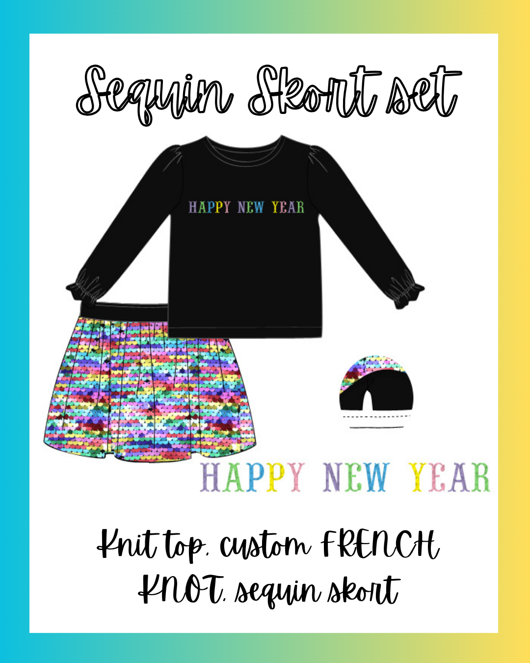 Happy New Year French Knot Sequin Skort Set
