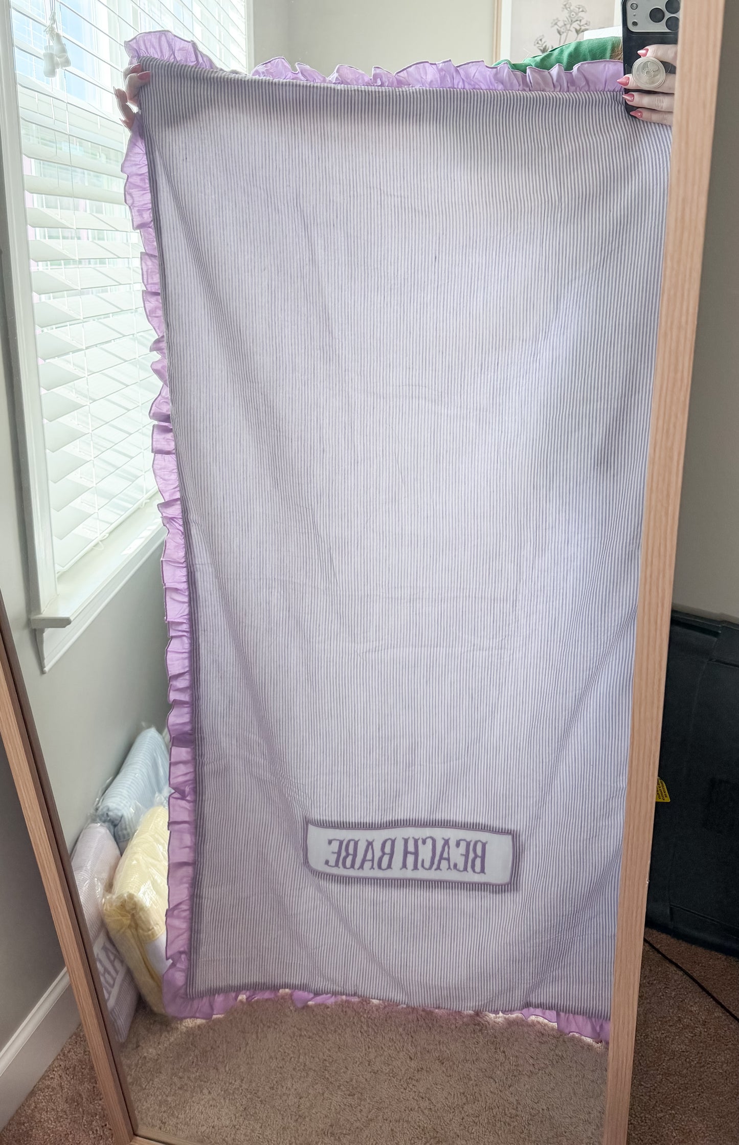 PURPLE seersucker BEACH BABE smocked towel with ruffles
