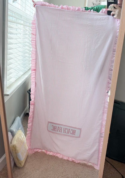 PINK seersucker BEACH BABE smocked towel with ruffles