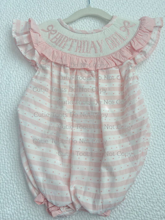Hand Smocked pink/white BIRTHDAY GIRL bubble