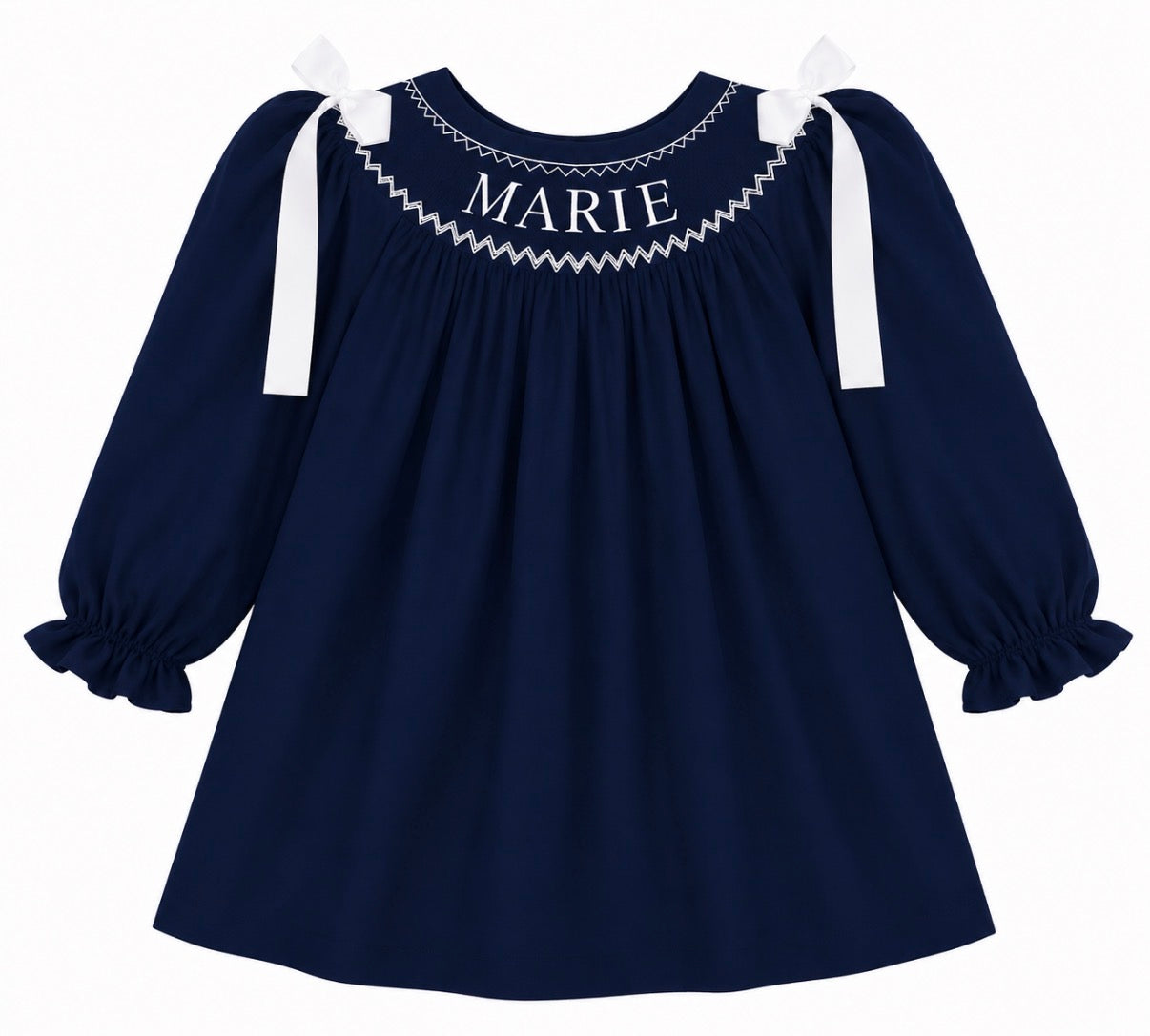 Preorder - Navy Hand Smocked Custom Name / Ships early Oct