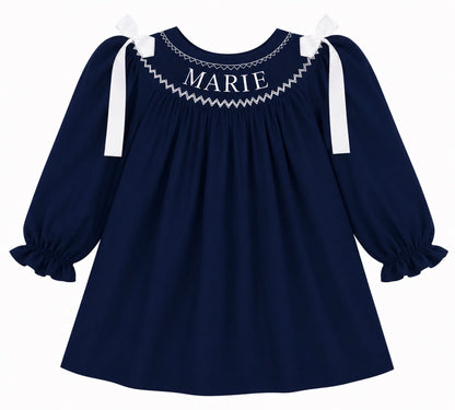 Preorder - Navy Hand Smocked Custom Name / Ships early Oct