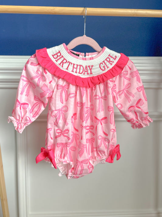 Machine Smocked Hot Pink Bow BIRTHDAY GIRL bubble - Long Sleeve