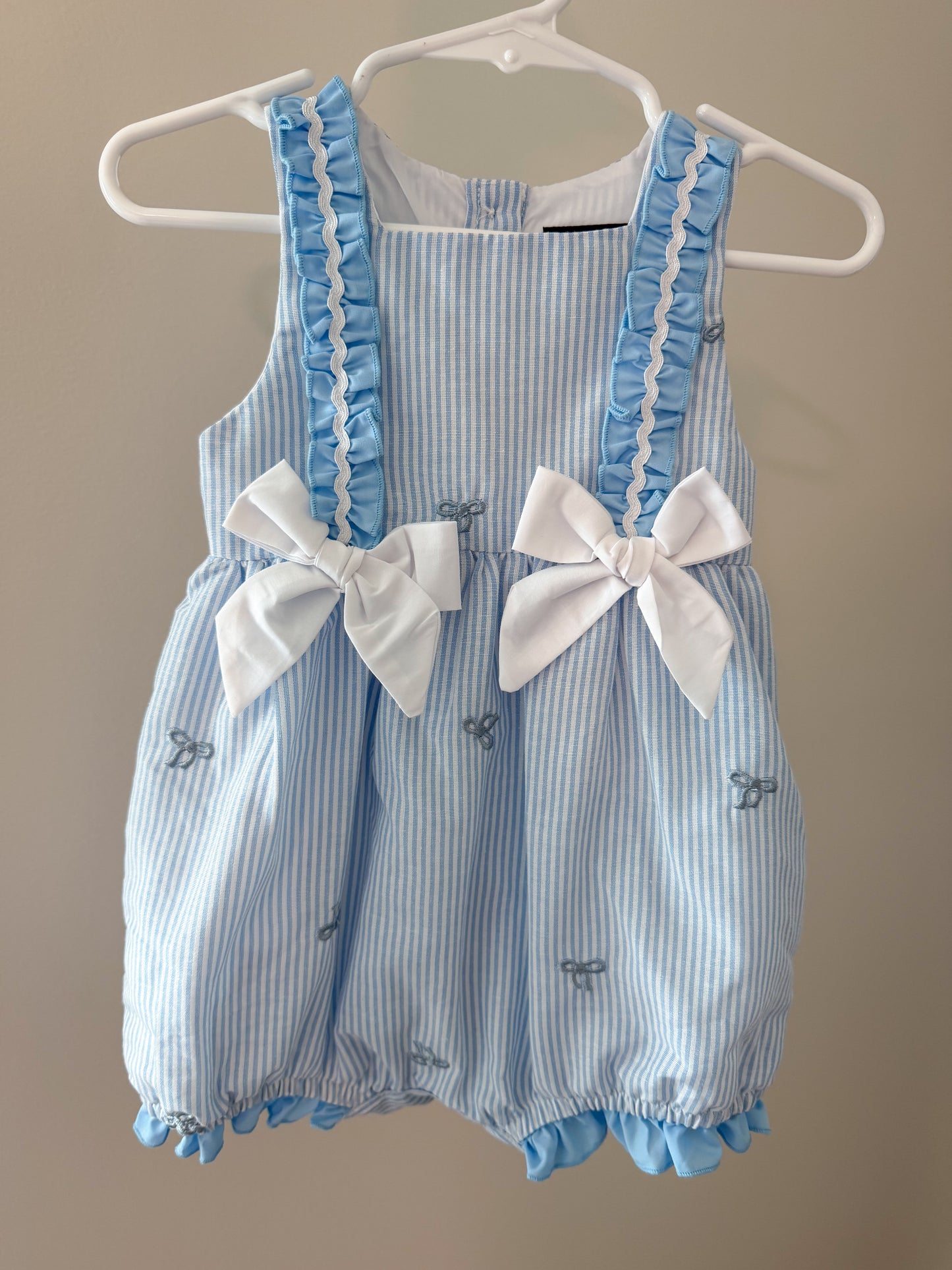 Blue seersucker bubble wirh Embrodiered bows