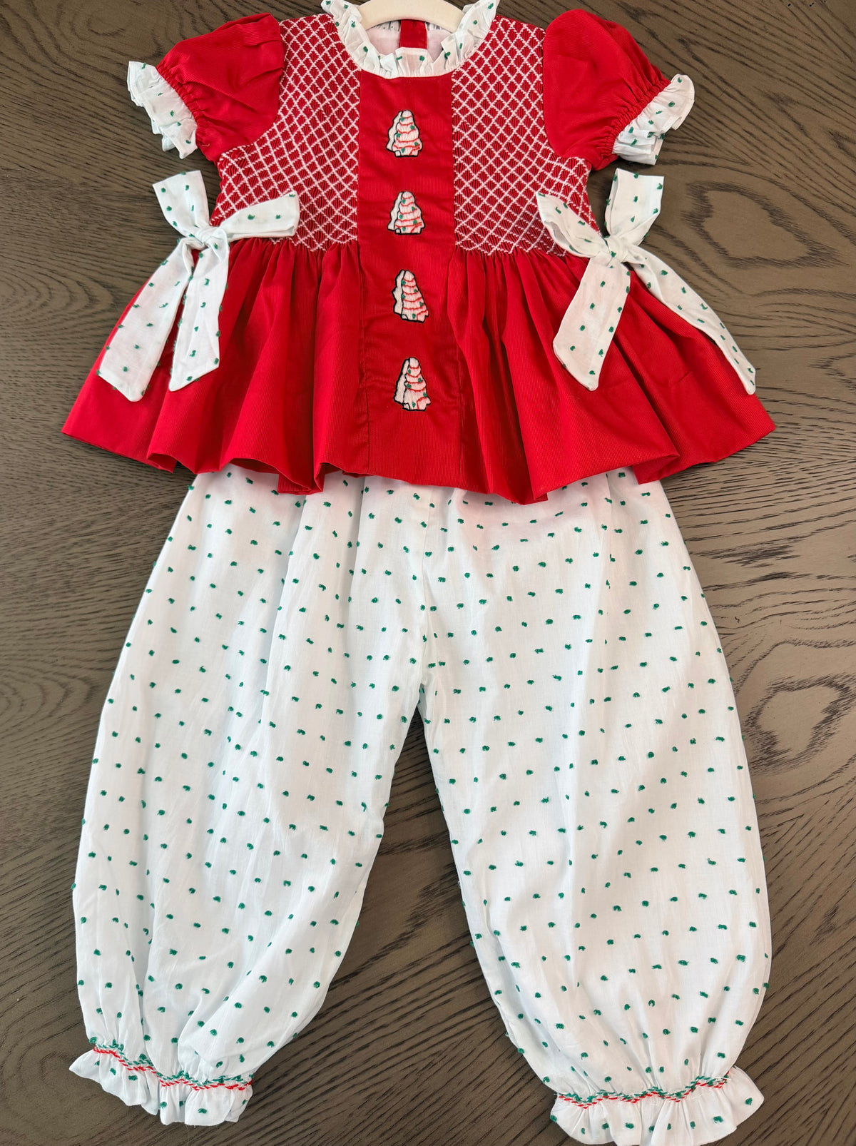 Hand Smocked Red Christmas Tree Cake Pant Set