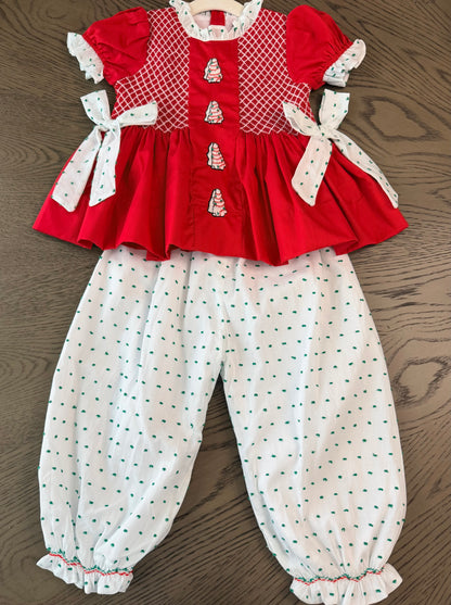 Hand Smocked Red Christmas Tree Cake Pant Set