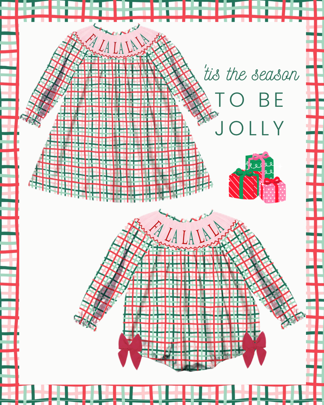 Preorder - Hand Smocked Christmas Plaid FA LA LA LA LA / Ships early Oct