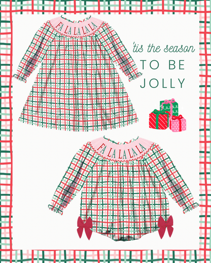Preorder - Hand Smocked Christmas Plaid FA LA LA LA LA / Ships early Oct