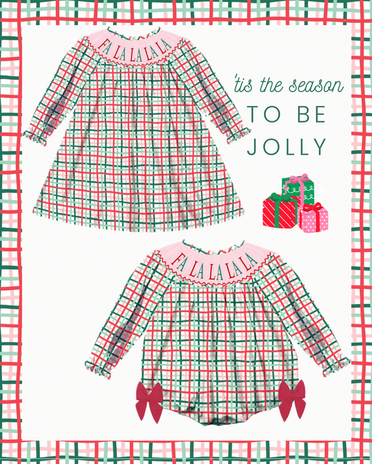 Preorder - Hand Smocked Christmas Plaid FA LA LA LA LA / Ships early Oct