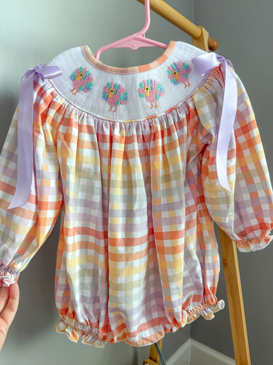 Hand Smocked Fall Plaid Turkey Bubble