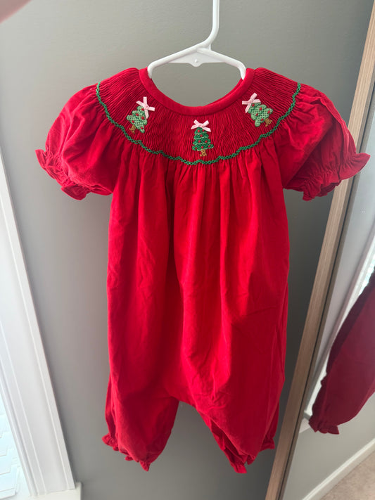 Hand Smocked Christmas Tree Corduroy Pant Romper