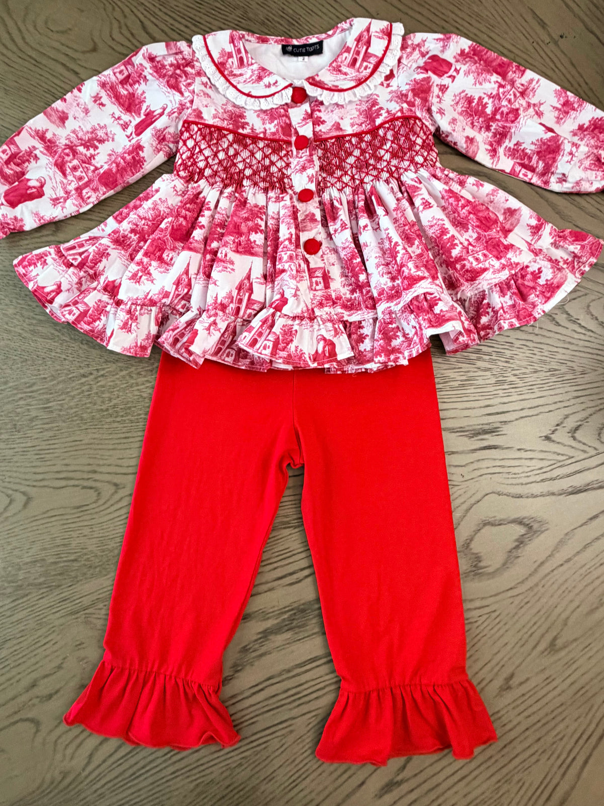 Hand Smocked Red Christmas Toile Pant Set