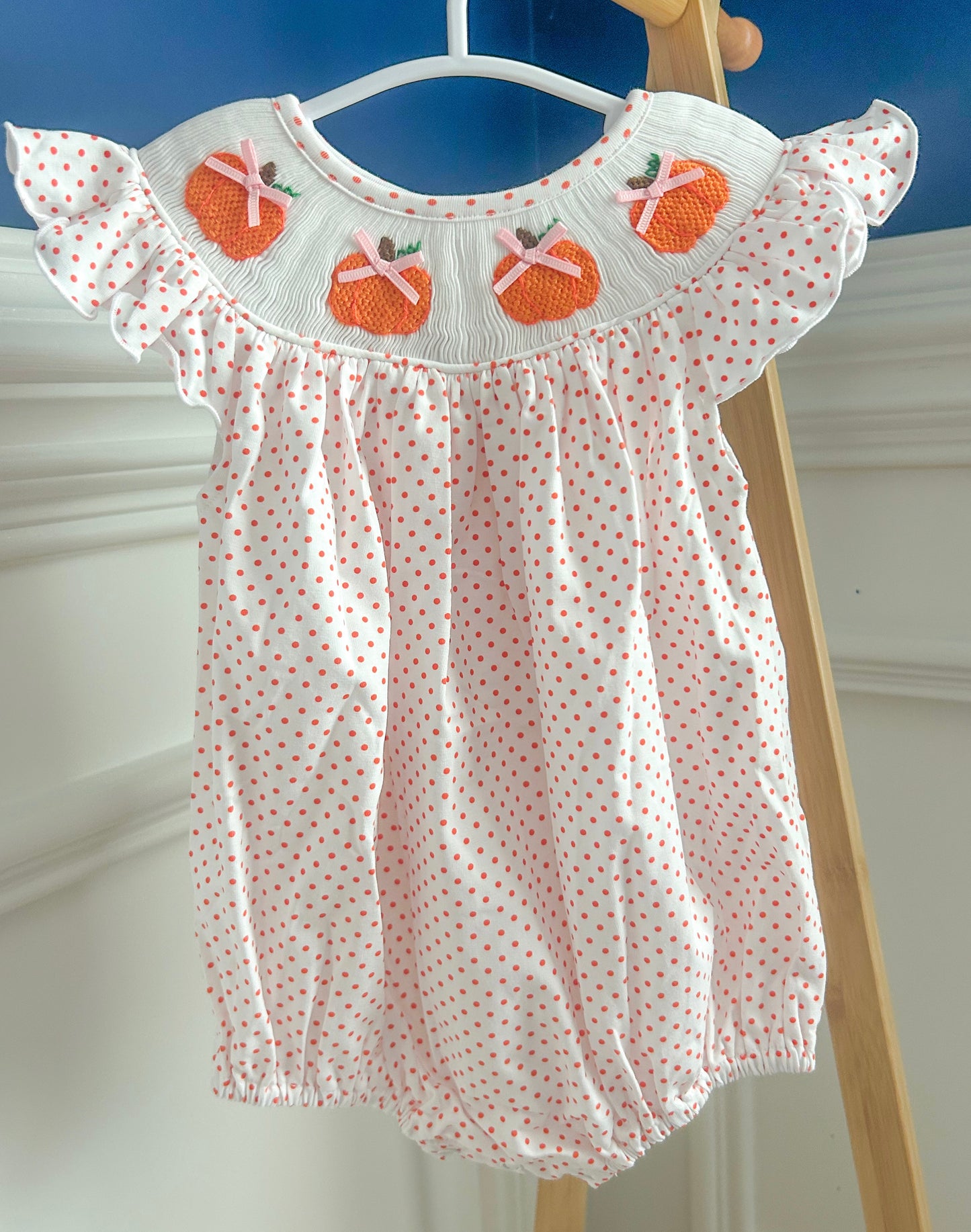 Hand Smocked Orange Polka Dot Pumpkin bubble