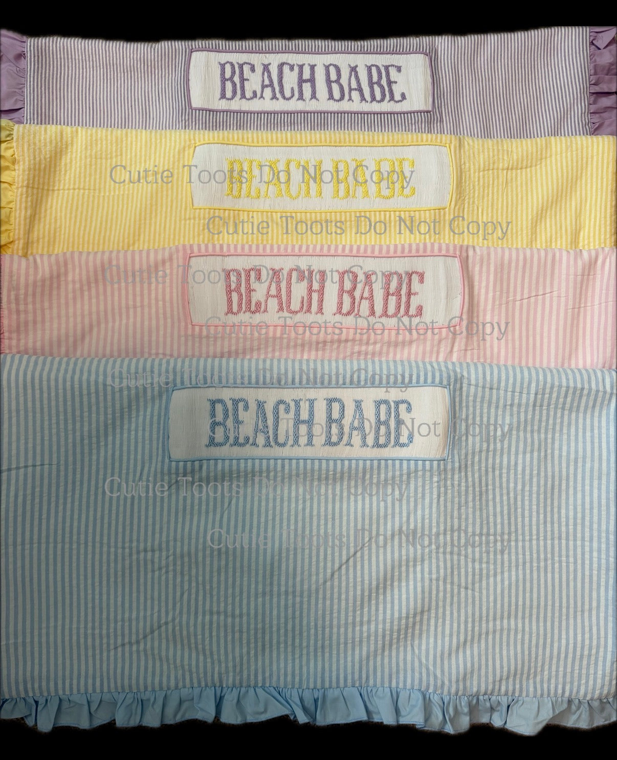 PURPLE seersucker BEACH BABE smocked towel with ruffles