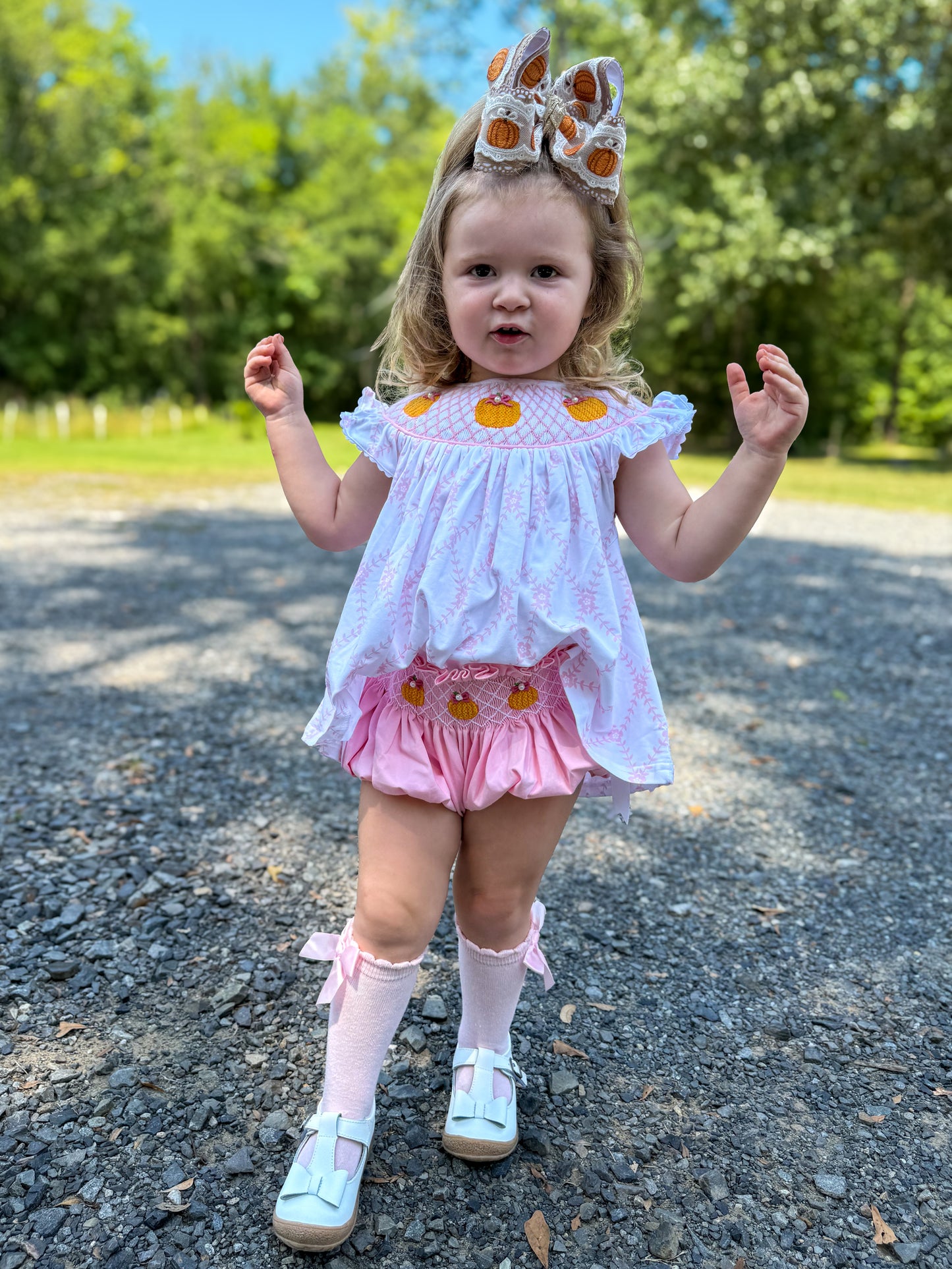Pink Pearl Hand Smocked Pumpkin Diaper Set
