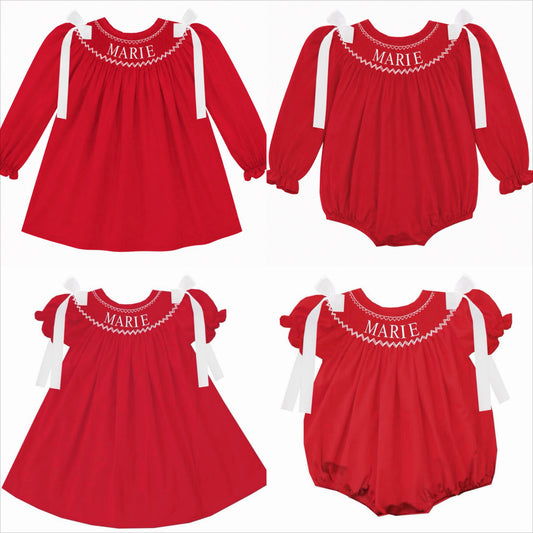 Preorder - Red Hand Smocked Custom Name / Ships early Oct