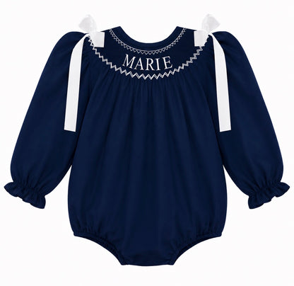 Preorder - Navy Hand Smocked Custom Name / Ships early Oct