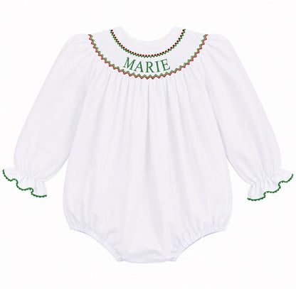 Preorder - White Hand Smocked Custom Name / Ships early Oct