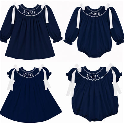 Preorder - Navy Hand Smocked Custom Name / Ships early Oct