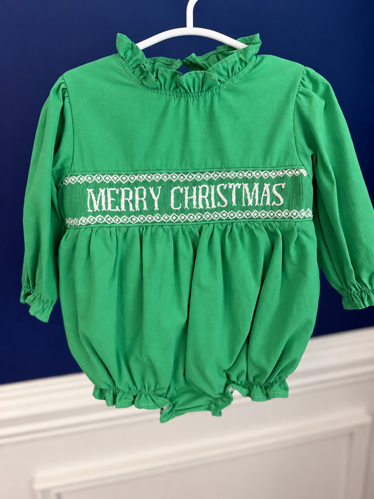 Green Hand Smocked MERRY CHRISTMAS Bubble with pearls