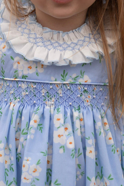 Blue Floral Hand Smocked Bubble with pearls