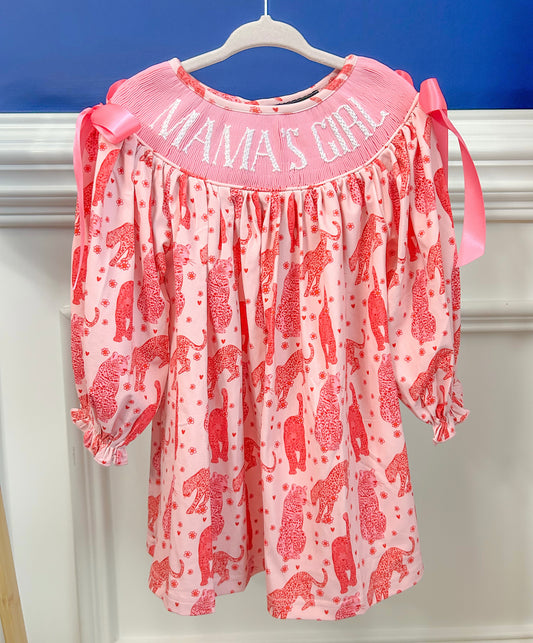 Hand Smocked Pink Leopard MAMA'S GIRL dress