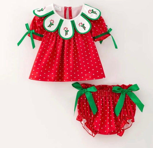 Preorder - red polka dot petal neck Christmas diaper set / ships Sept