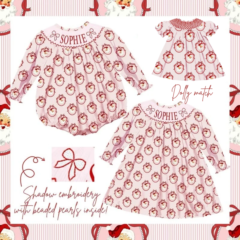 Preorder - Pink Santa Custom Name with Pearls + Dolly Match / Ships early Oct