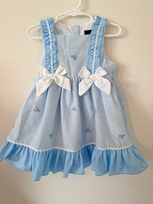 Blue seersucker dress with Embroidered bows