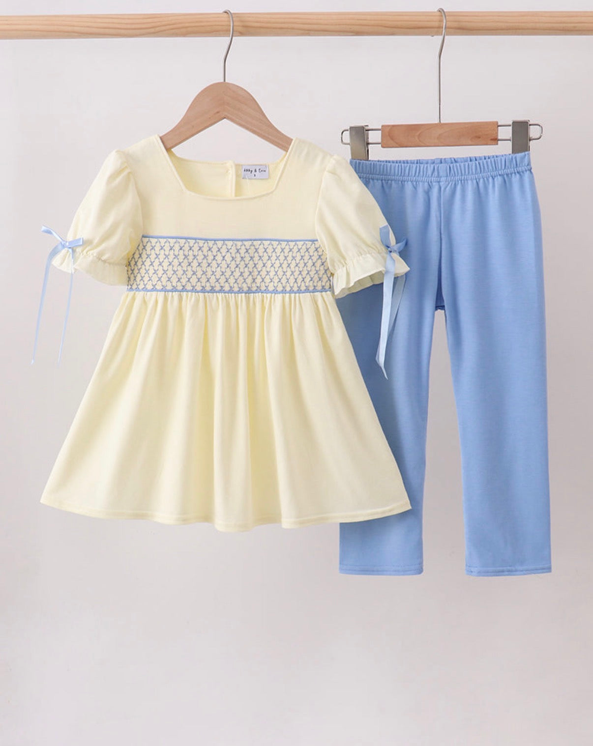Girls Blue and Yellow Machine Smocked Pant Set