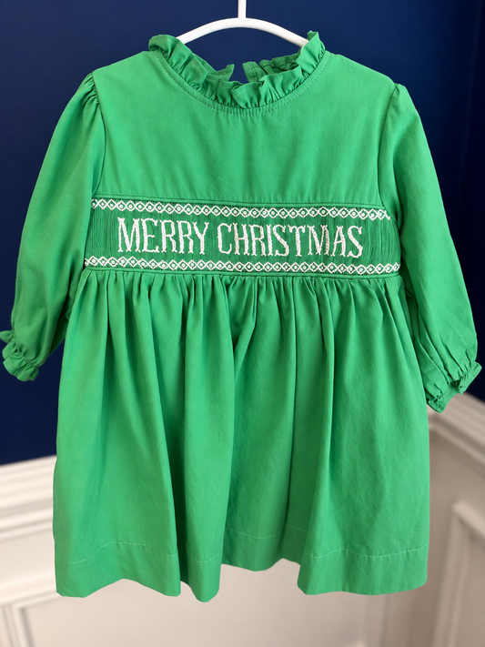 Green Hand Smocked MERRY CHRISTMAS Dress with pearls