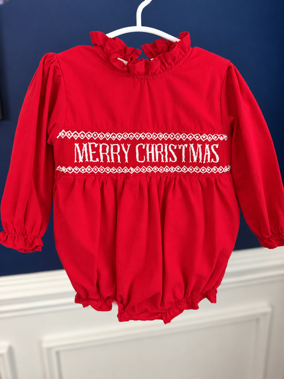 Red Hand Smocked MERRY CHRISTMAS Bubble with pearls