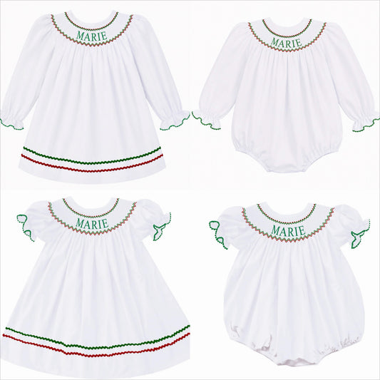 Preorder - White Hand Smocked Custom Name / Ships early Oct