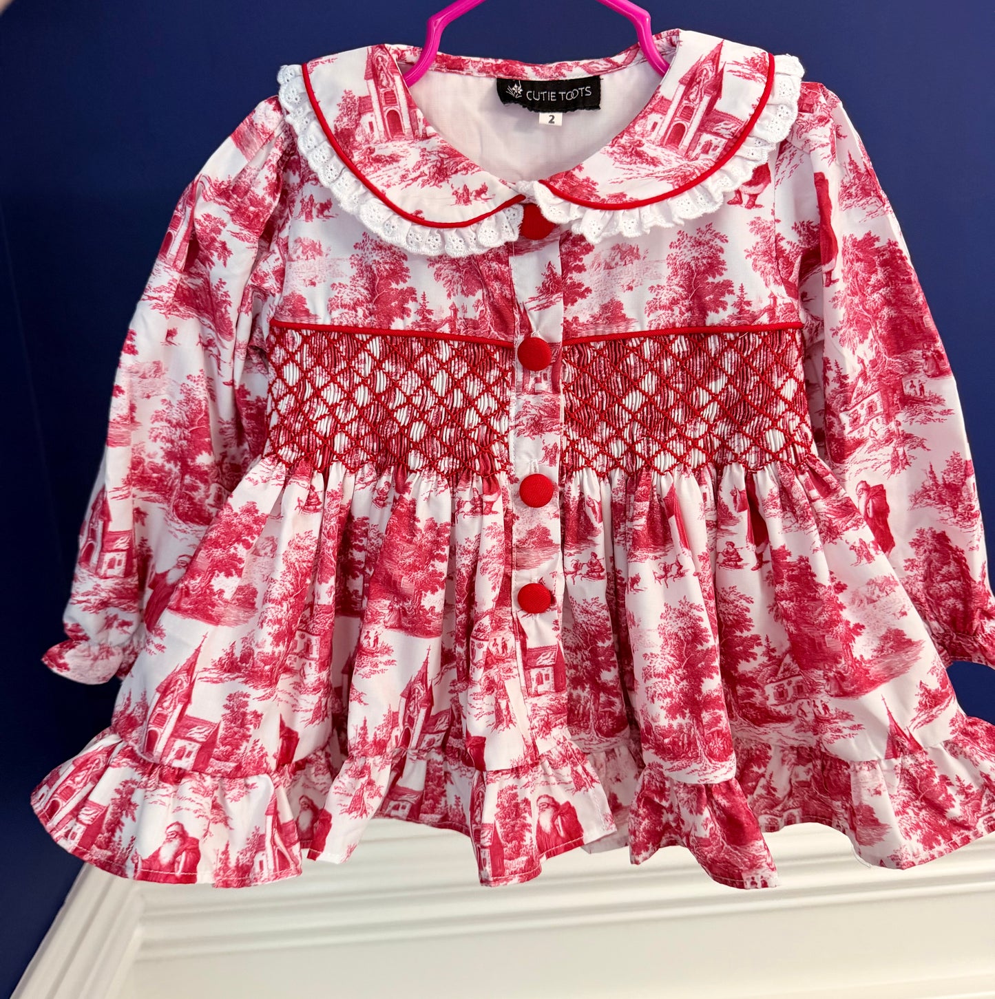 Hand Smocked Red Christmas Toile Pant Set