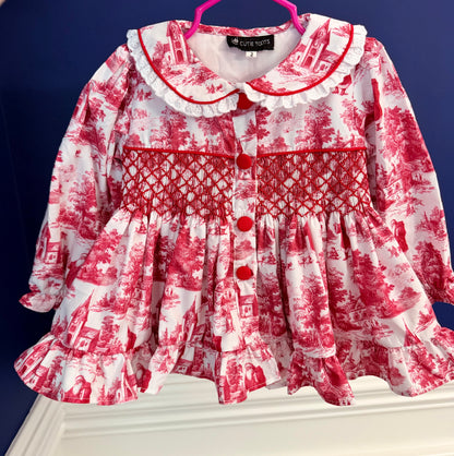 Hand Smocked Red Christmas Toile Pant Set