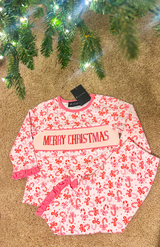 Candy Cane Hand Smocked Merry Christmas Lounge Set (RTS)