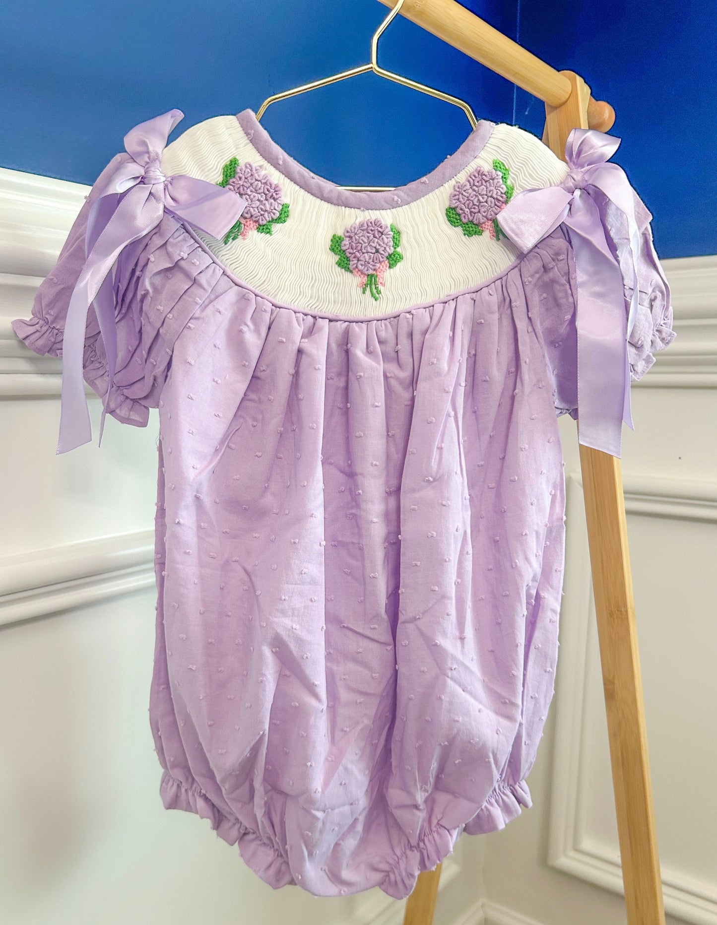 Purple Hand Smocked Swiss Dot Flower Bubble