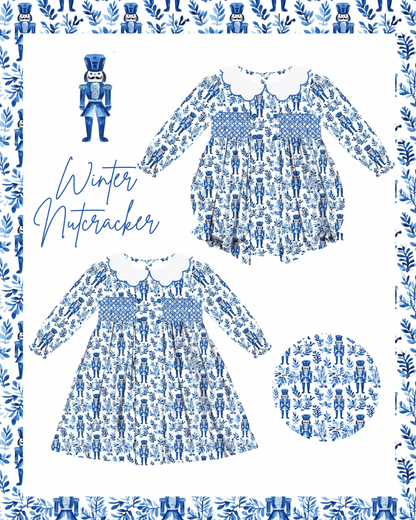 Preorder - Hand Smocked Blue Winter Nutcracker / Ships early Oct