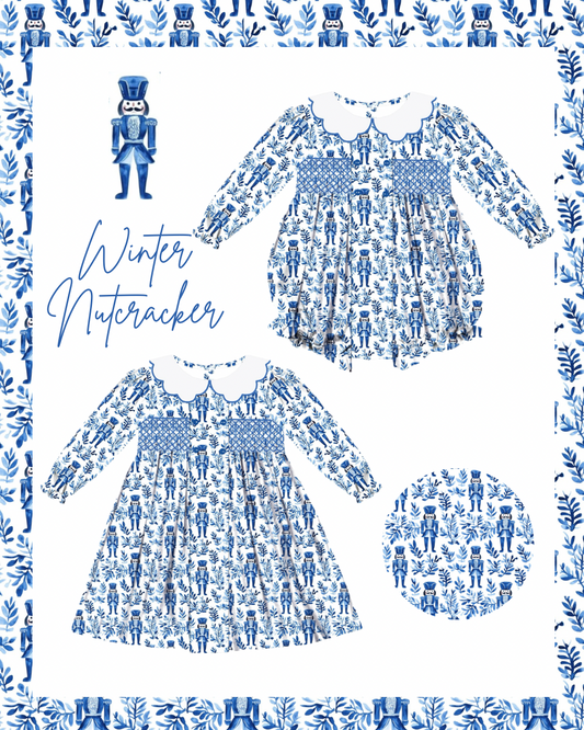 Preorder - Hand Smocked Blue Winter Nutcracker / Ships early Oct