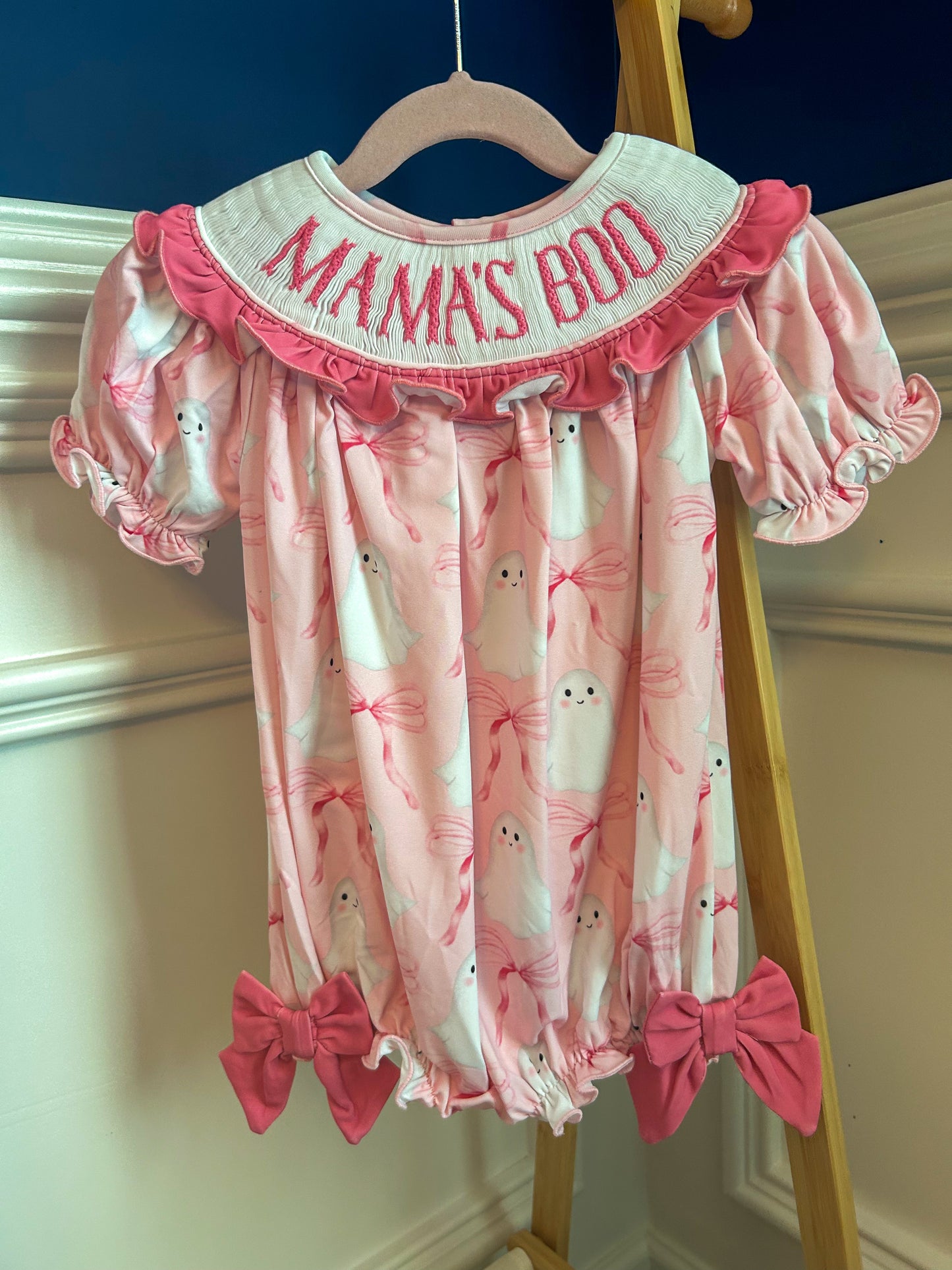 Hand Smocked Mamas Boo pink ghost bubble romper