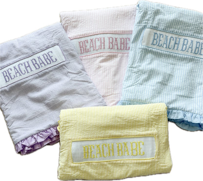 PURPLE seersucker BEACH BABE smocked towel with ruffles