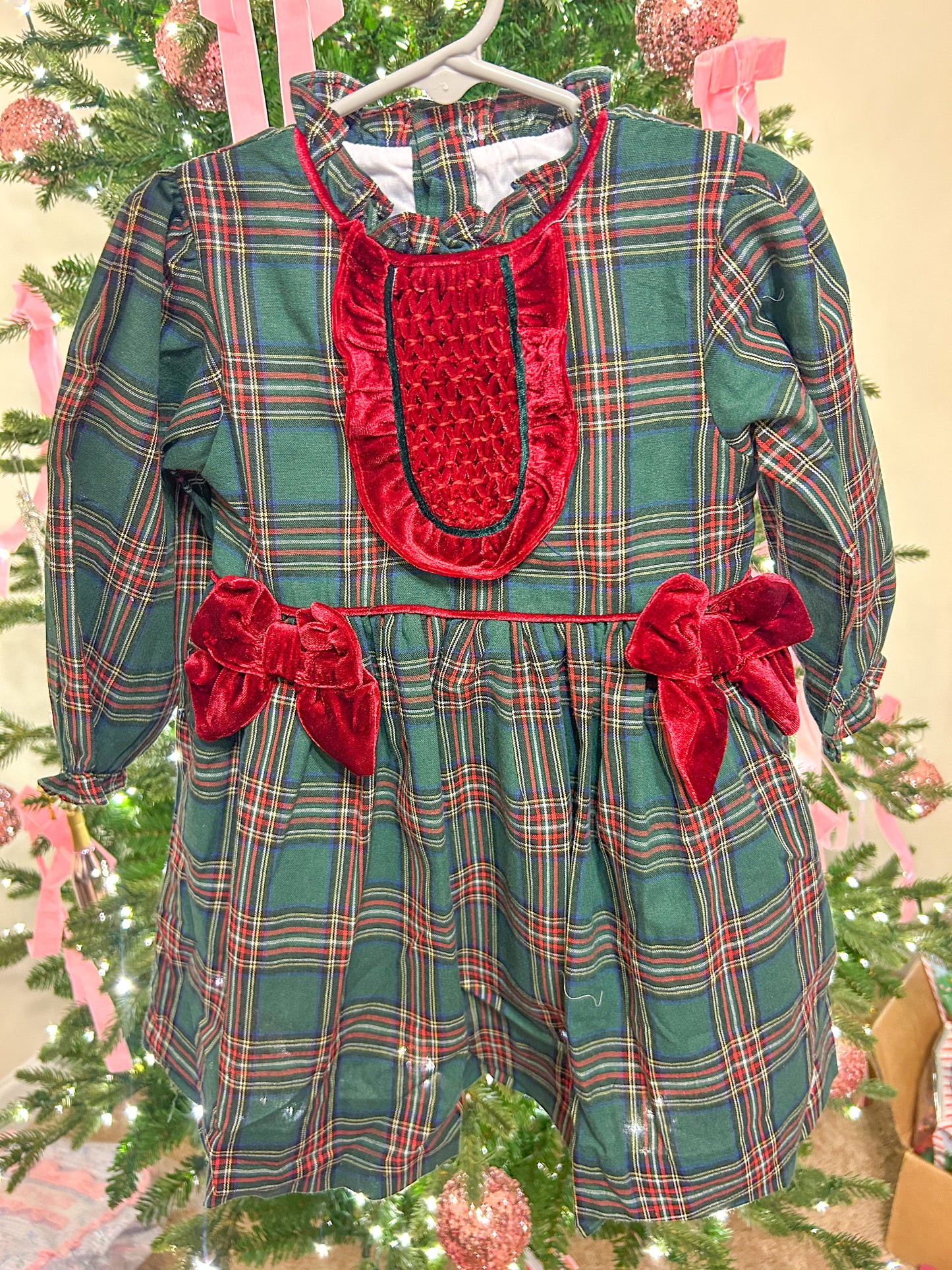 Christmas Plaid with red Velvet smocking