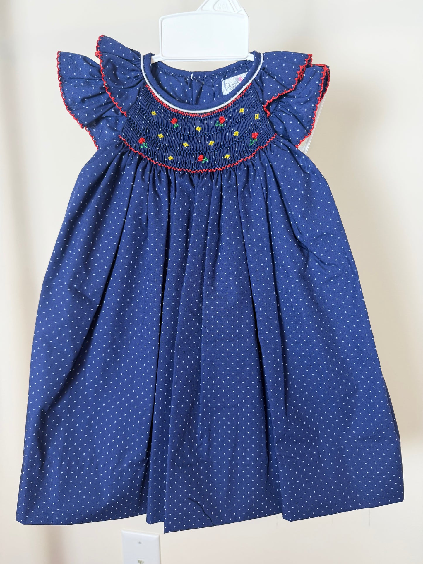 Hand Smocked Navy Polka Dot Dress