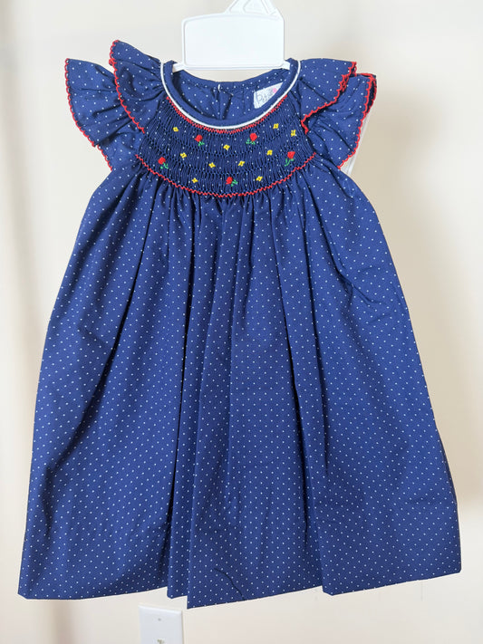 Hand Smocked Navy Polka Dot Dress